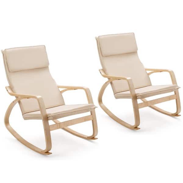 Costway Wood Outdoor Rocking Chair with Beige Cushion (2-Pack)