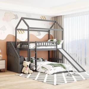 Twin over Twin Bunk Bed with 2 Drawers and Slide, House Bed with Slide, White