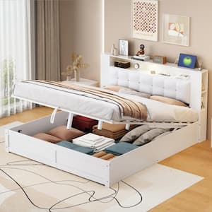 White Wood Frame Queen Size Platform Bed with Upholstered Headboard, Night Light, USB Ports, Hydraulic Storage System