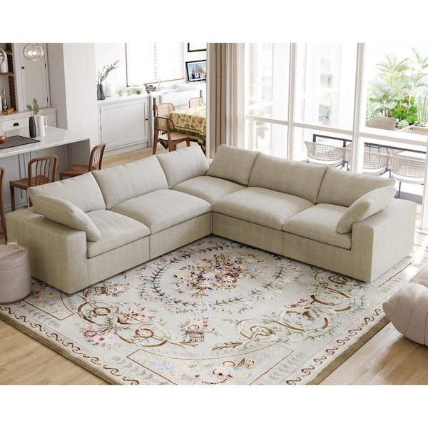 120 in. Square Arm Linen Deep Seat L Shaped 5-Piece Sectional Sofa in Light Brown with Removable Covers for Living Room