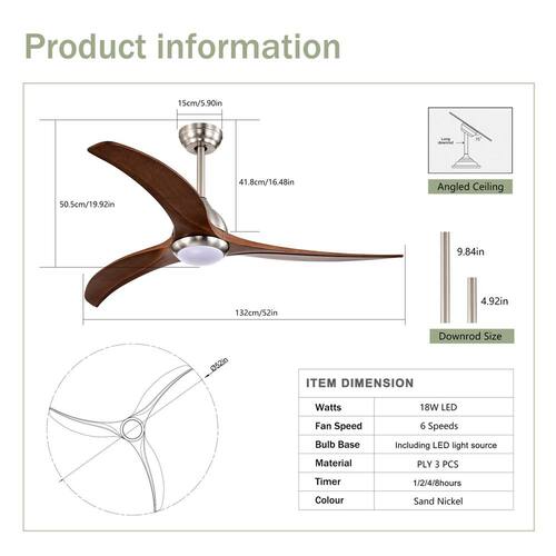 52 in. Indoor/Outdoor Nickel Ceiling Fan with Lights, 3-Carved Wood Fan Blades Ceiling Fan with 6-Speed Remote Lighting