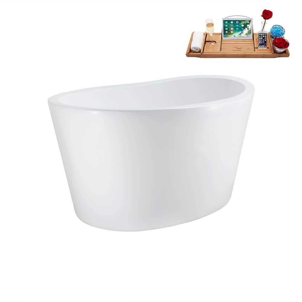 Glossy White Acrylic Freestanding Soaking Bathtub with Brushed Gold Drain