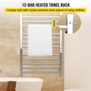 Stainless Steel Wall Mounted Electric Towel Warmer Rack with 12 Bars and Built-in Timer, Silver