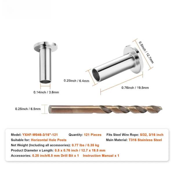 121 Pack T316 Stainless Steel Protector Sleeves for 5/32 in. 3/16 in. Wire Rope Cable Railing, T316 Marine Grade, Silver