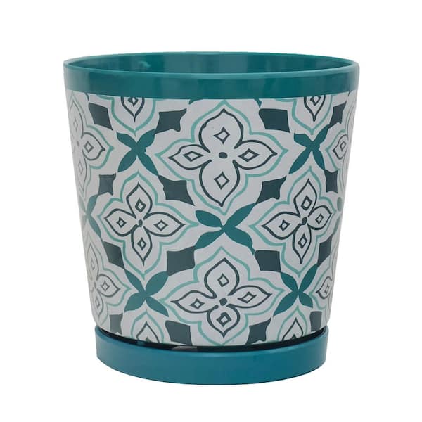 MPG 8.75 in. L x 8.75 in. W x 9 in. H Blue Green Geometric Pattern Melamine Pot with In-Line Saucer