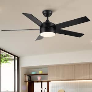 52 in. Integrated LED Light Matte Black Blade Ceiling Fan with Remote Control for Indoor