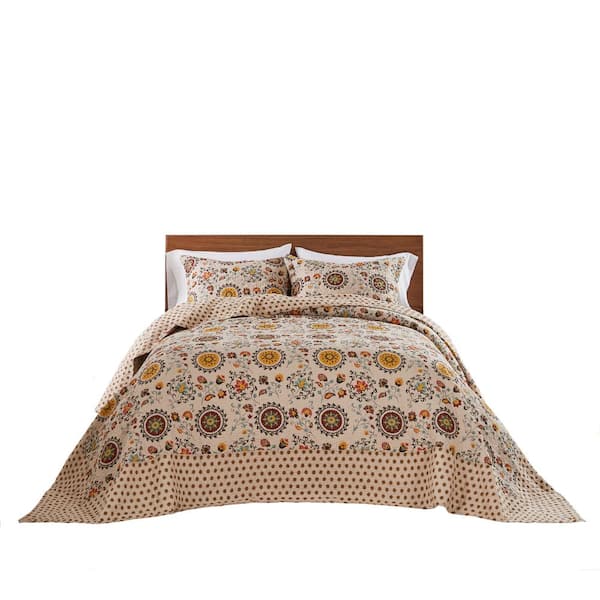 Greenland Home Fashions Andorra Contemporary Floral 3-Piece Multi Cotton Queen Bedspread Quilt Set
