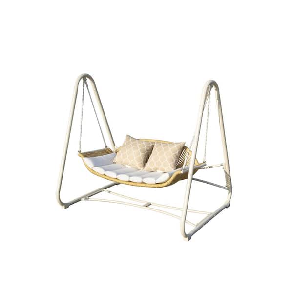 Unbranded Metal Outdoor Patio Porch Swing 2-Seat Hammock Chair with Thickened Cushions and Pillow for Porch Backyard Garden White