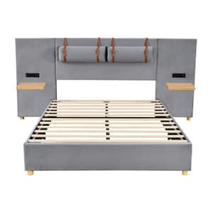 Gray Wood Frame Queen Size Platform Bed with Shelves, Two Outlets and USB Charging Ports on Both Sides