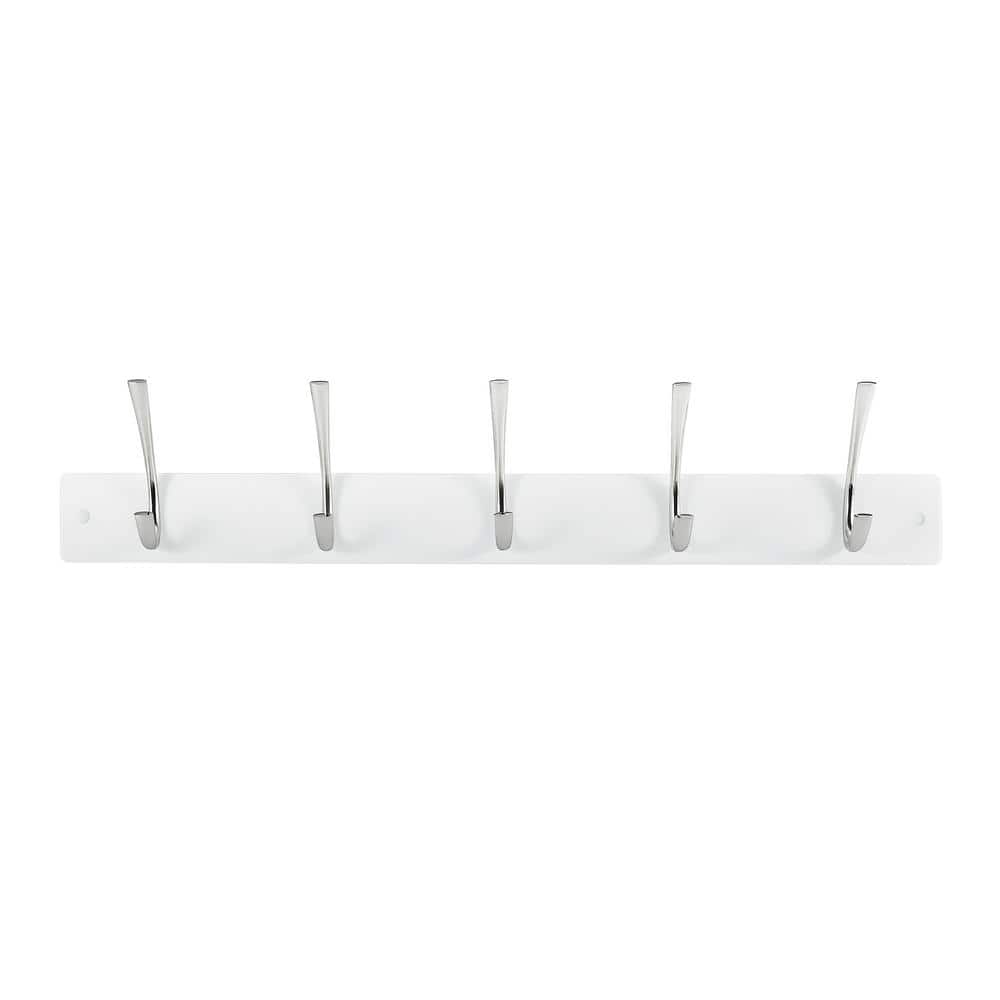 White Wall Mounted Coat Rack with 5 Metal Hooks