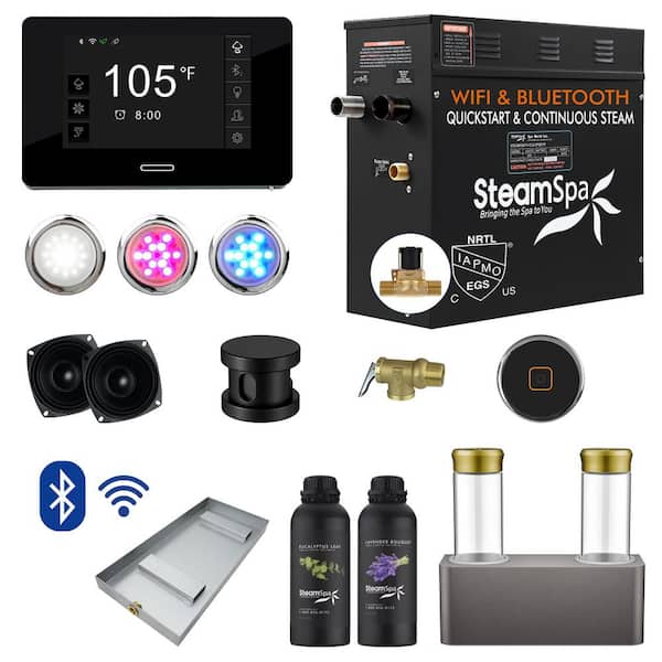 SteamSpa Black Series 9kW Steam Bath Generator with Continuous Steam Plus Quick Start and Aroma Scent Pump in Matte Black