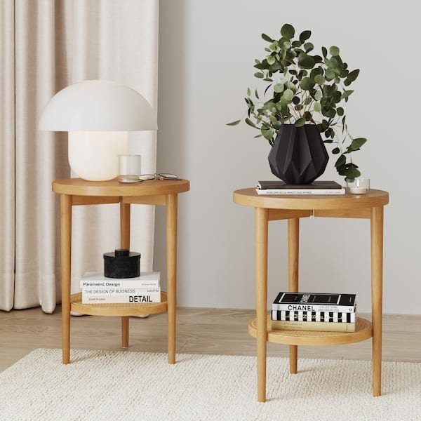 Nathan James Sonia 15 in. Light Brown Round Wood Bohemian 2-Tier End Table in Light With Rattan Storage Shelf, Set of 2
