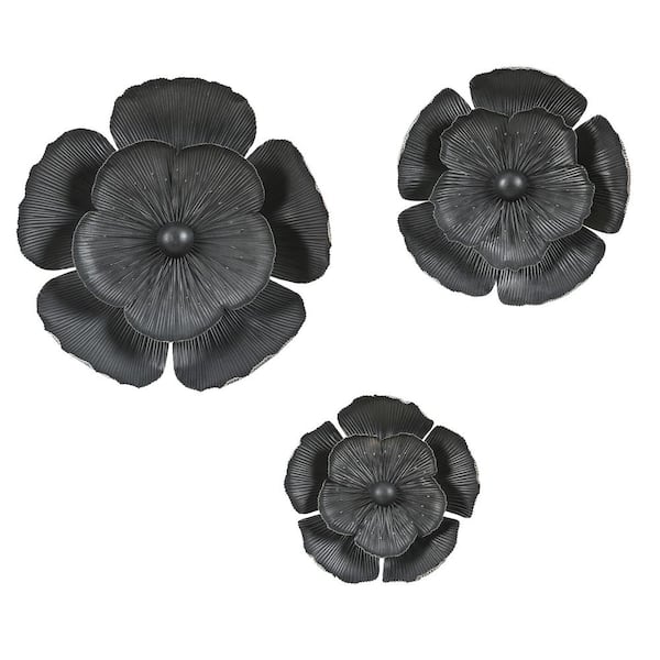 LuxenHome 3-Piece Black Metal Flowers Wall Decor
