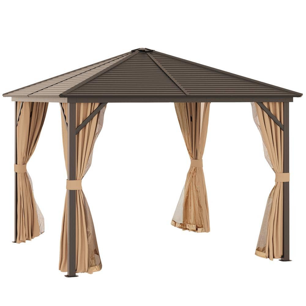 10 ft. x 10 ft. Outdoor Hardtop Patio Gazebo Steel Canopy with Aluminum Frame, Curtains, and Top Hook, Dark Brown -  Outsunny, 84C-094V01