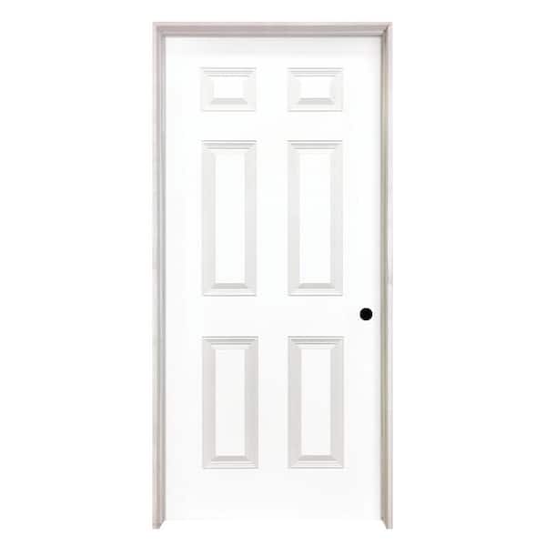 Steves & Sons 32 in. x 80 in. 6 Panel Left-Handed Solid Core White Primed Wood Single Prehung Interior Door With Nickel Hinges
