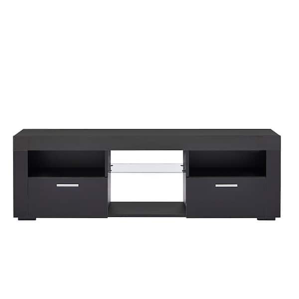 J&E Home 63 in. Black Modern TV Stand with LED Lights and 2