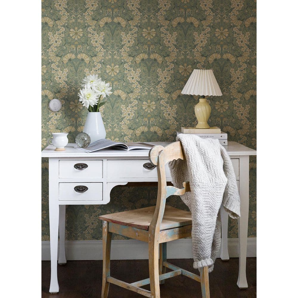Ojvind Sea Green and Yellow Floral Damask Wallpaper Roll