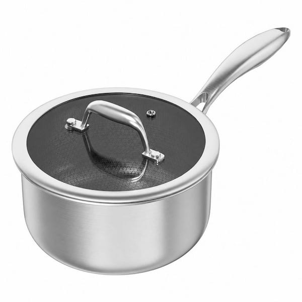 1.5 qt Stainless Steel Saucepan with Lid, Tri-Ply Ceramic Nonstick Pot, Metal Utensil Safe, Oven Safe up to 900F