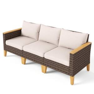 Brown Rattan Wicker 3-Seat 3-Piece Steel Outdoor Patio Conversation Set with Beige Cushions