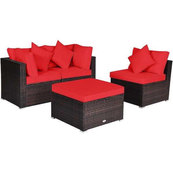 HONEY JOY 4-Piece Wicker Patio Conversation Set Couch Ottoman with Red Cushions