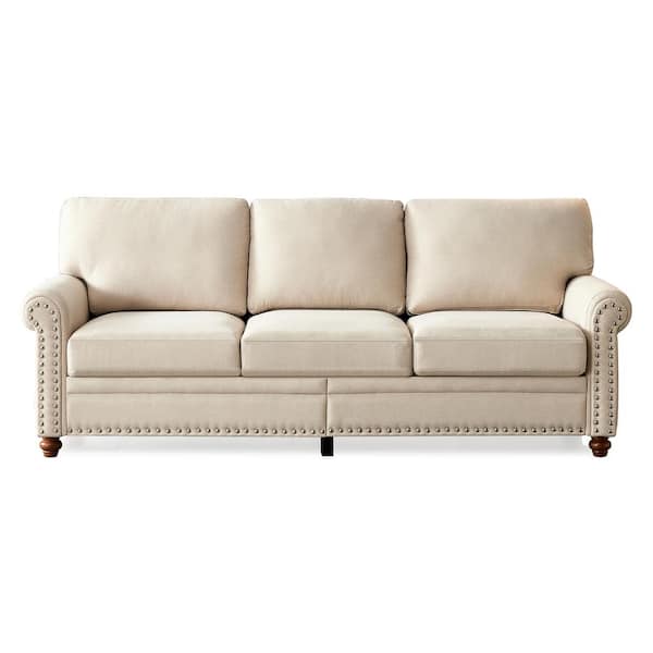 Modern 82.68 in W Round Arm Linen Upholstery Polyester Nailhead Trim Straight 3-Seat Sofa with Storage in Beige