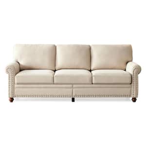 Modern 82.68 in W Round Arm Linen Upholstery Polyester Nailhead Trim Straight 3-Seat Sofa with Storage in Beige