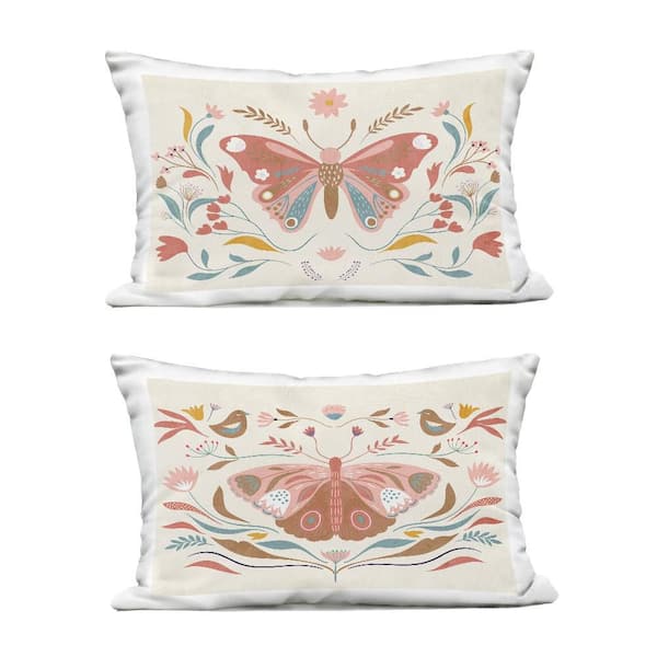 Stupell Industries Folk Butterflies and Florals Pink Rectangular Outdoor Throw Pillow (2-Pack)