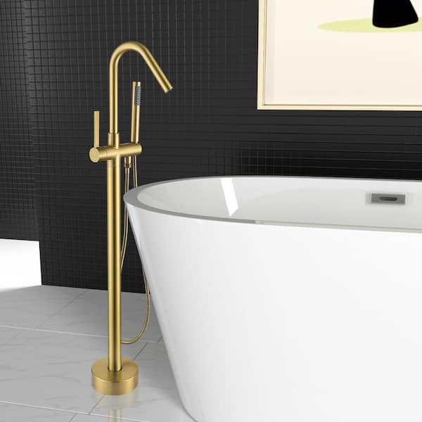 Single-Handle High Arch Floor Mount Freestanding Tub Faucet Bathtub Filler with Hand Shower in Brushed Brass