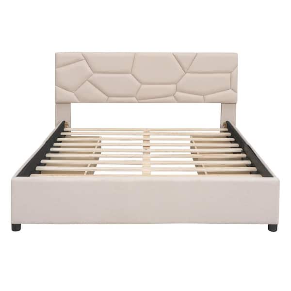 URTR Beige Linen Upholstered Wood Frame Queen Size Platform Bed with Storage Platform Bed Frame with Headboard and 4 Drawers