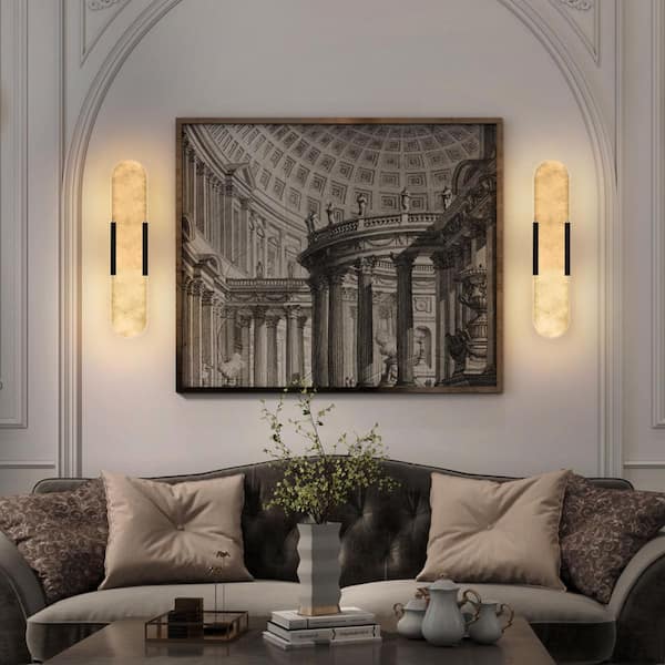 (2-Pack) 20 in. 1-Light Black Outdoor/Indoor Modern LED Wall Sconce Wall Lighting with Natural Marble Shade