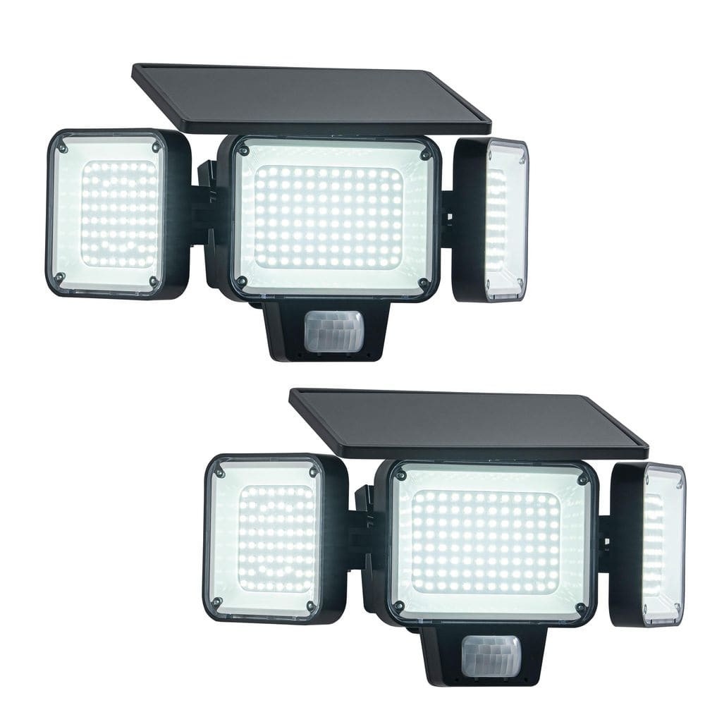 C Cattleya 2-Pack 3-Head Black Solar 1800 Lumen Integrated LED Motion Sensor Outdoor Security Flood Lights, 6500K