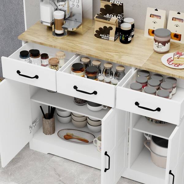 FUNKOL 42.72-in W x 15.35-in D x 32.09-in H in MDF Ready to Assemble Kitchen Cabinet in White with 3 Drawers and 3 Doors