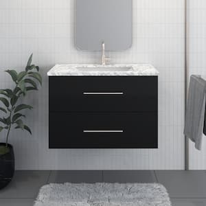 Napa 36 W x 22 D x 21-3/4 H Single Sink Bathroom Vanity Wall Mounted in Glossy Black with Carrera Marble Countertop