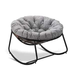 Rattan Rope Dark Gray Frame 40 in. W Metal Outdoor Rocking Chair with Light Gray Olefin Cushion