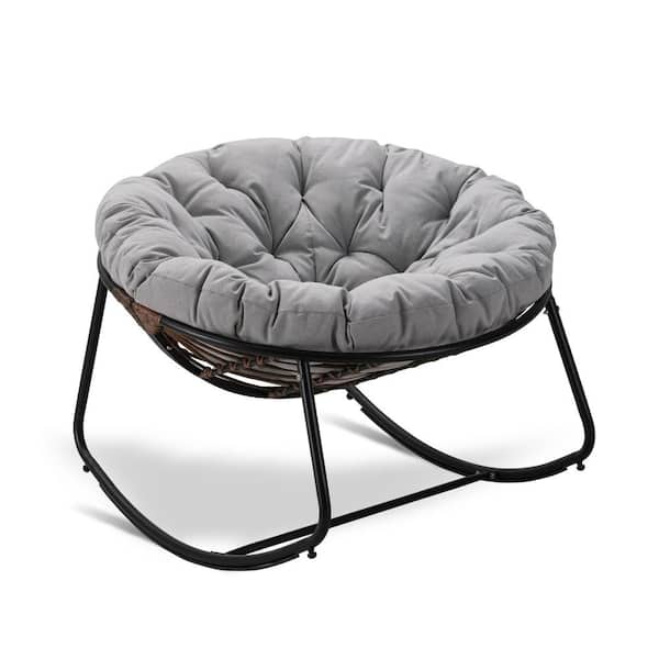 Tenleaf Rattan Rope Dark Gray Frame 40 in. W Metal Outdoor Rocking Chair with Light Gray Olefin Cushion