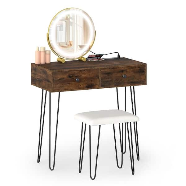 Vanity Desk with 360 Lighted Mirror 3 Color LED 20-100 2 AC USB Type C Stool Metal Legs 31.5 x 16 x 30 in.