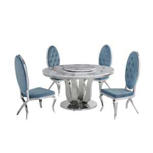 Gina 6-Piece Marble Top With Lazy Susan Stainless Steel Base Table Set, 4 Teal Blue Velvet Chairs With Crystals
