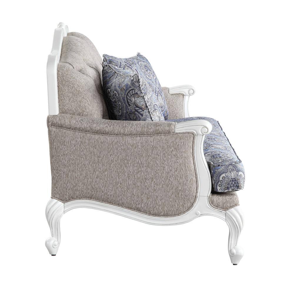 White Floral Tufted Fabric Loveseat with Wood Frame
