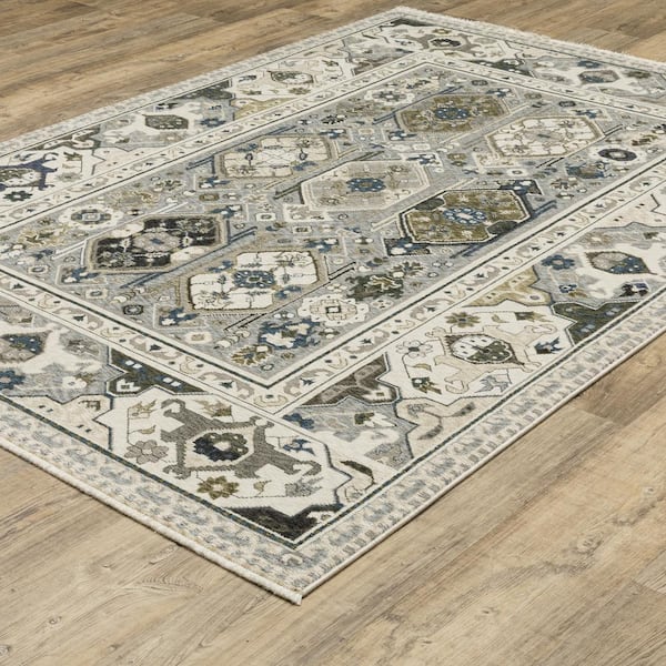 Hunter Ivory/Blue 5 ft. x 8 ft. Persian Oriental Geometric Polyester Fringe-Edge Indoor Area Rug