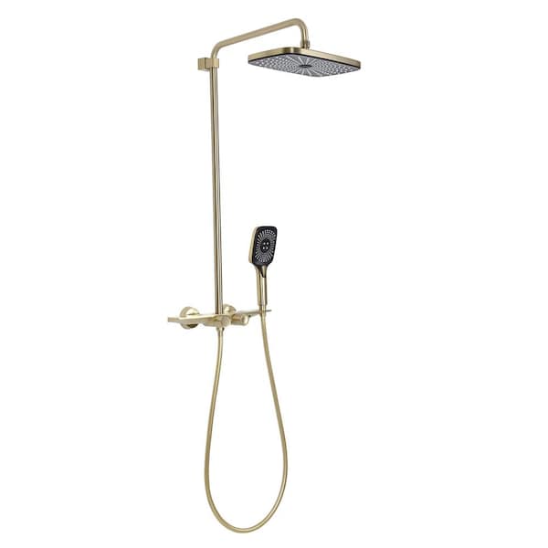 AIMADI Double Handle 4-Spray Wall Mount Shower Faucet 1.8 GPM Anti Scald Brass Thermostatic Shower System in. Brushed Gold