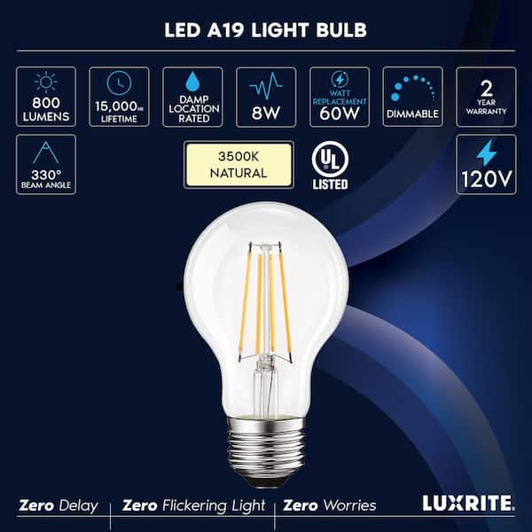 60-Watt Equivalent, A19 LED Light Bulbs Clear Glass Filament, 800-Lumens, 3500K Dimmable 8-Watt, UL Listed, E26 (4-Pack)