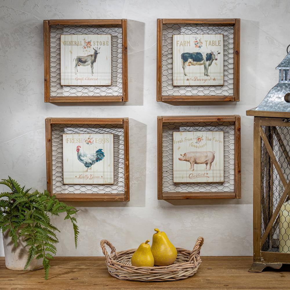 Rustic Farm Animal Wall Art Set with Natural Wood Frame