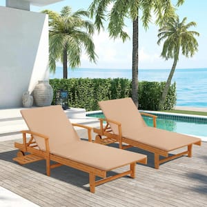 Brown Wood Outdoor Chaise Lounge Chair Recliner with Beige Cushion Pull-Out Tray Adjustable Back and Leg