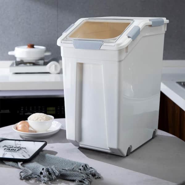 HOME IMPORTS EMPORIUM 50 LB Rice Storage Container with Measuring Cup, BPA Free, For Rice / Grain / Pet Food / Flour, 1 Count, White and Gray