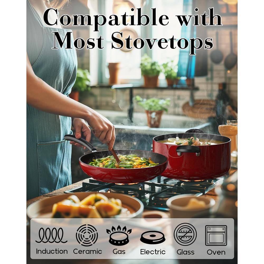 12-Piece Red Marble Nonstick Aluminum Cookware Set