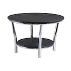 Maya 30 in. Black/Silver Medium Round Wood Coffee Table with Shelf
