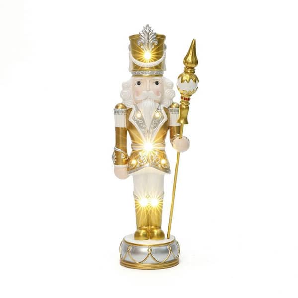 24.02 in. Lighted Silver and Gold Nutcracker Soldier with Scepter, Christmas Decoration