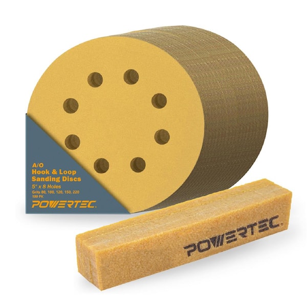 ‎POWERTEC 5 in. 8 Hole Hook and Loop Sanding Discs 80/100/120/150/220 Grit Assortment (100PK) with Abrasive Cleaning Stick