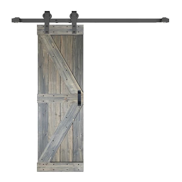 ISLIFE K Style 24 in. x 84 in. Aged Barrel Finished Soild Wood Sliding Barn Door with Hardware Kit - Assembly Needed