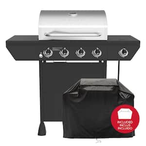 4-Burner Propane Gas Grill in Black with Side Burner and Stainless Steel Main Lid with Cover